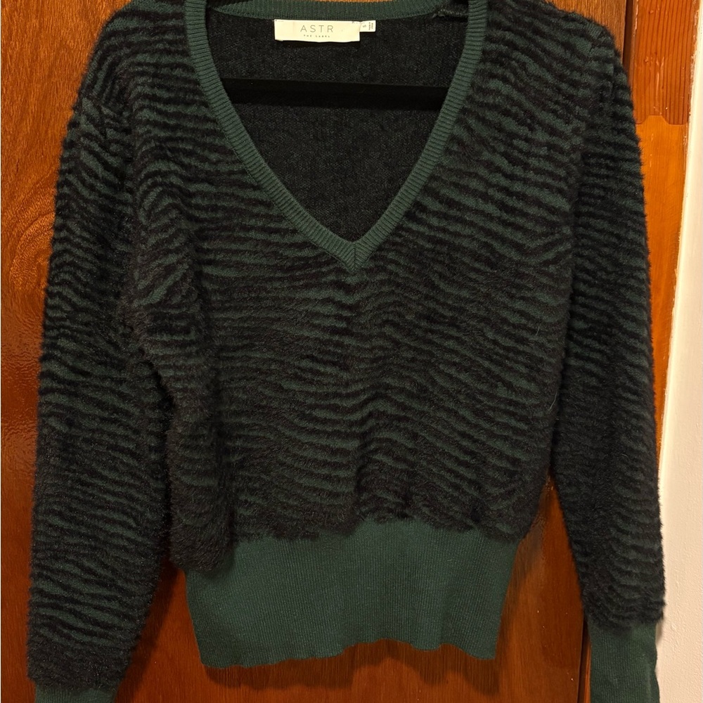 ASTR Women's Striped Black and Green V-Neck Sweater